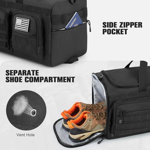 G4Free 3-in-1 Travel Duffle Bag for Men and Women, 50L Large Gym Sports Bags Tactical Military Duffle Backpack with Shoes Compartment and Wet Pocket (Black) - color: Black