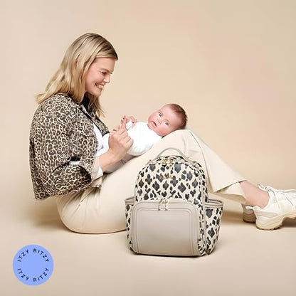 Itzy Ritzy Mini Diaper Bag Backpack – Chic, Compact Mini Plus Backpack with Changing Pad, 10 Pockets (6 Internal, 4 External), Grab-Top Handle & Rubber Feet (Leopard) - color: Leopard