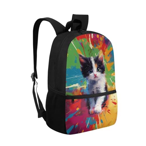 ZOUTAIRONG School Bags and Small Thermos, Colorful Inkjet Cat Design Large Capacity Fashion Casual Backpack with Side Pockets for Mini Water Bottle - color: Colorful Inkjet Cat