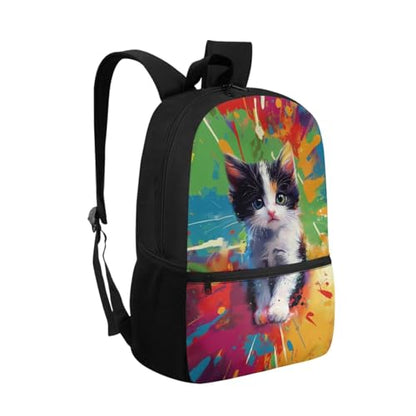 ZOUTAIRONG School Bags and Small Thermos, Colorful Inkjet Cat Design Large Capacity Fashion Casual Backpack with Side Pockets for Mini Water Bottle - color: Colorful Inkjet Cat