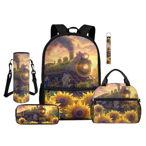 ZDCUSTOM Sunflower Train Backpack with Lunch Box for School, 17 Inch Bookbag Set for Kids School Backpack with Water Bottle Sleeves, Pencil Case Pouch, Keychain, Back to School Supplies - color: Sunflower Train