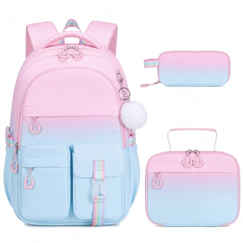 DIGOBAY 3PCS Girls Backpack for School, Kids Backpack for Girls with Lunch Bag Pencil Case, Kids Bookbag Teen Girl Backpacks for Elementary Middle High College School (Pink-blue Gradient) - color: Pink-blue Gradient
