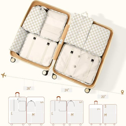 9 Set Packing Cubes for Travel Essentials - Lightweight Carry-On Luggage Organizer Bags with Shoe, Clothes & Laundry Bags for Airplane, Family & Business Travel, Beige checkered - color: Beige checkered