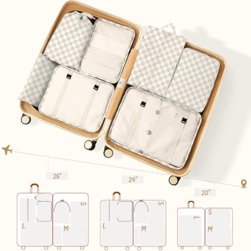 9 Set Packing Cubes for Travel Essentials - Lightweight Carry-On Luggage Organizer Bags with Shoe, Clothes & Laundry Bags for Airplane, Family & Business Travel, Beige checkered - color: Beige checkered