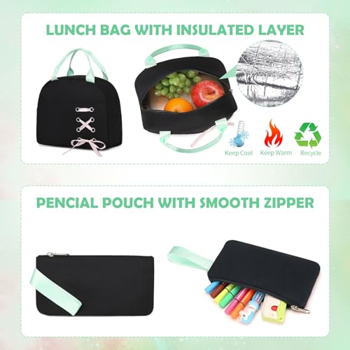 Backpacks for Girls, Girls Backpack with Lunch Box and Pencil Case for Teen Kid Elementary Middle High School College Student, Children Backpack Bookbag with USB Charging Port (Black Green with Chain) - color: Black & Green With Chain