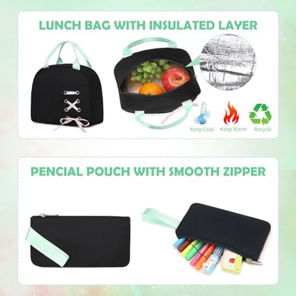 Backpacks for Girls, Girls Backpack with Lunch Box and Pencil Case for Teen Kid Elementary Middle High School College Student, Children Backpack Bookbag with USB Charging Port (Black Green with Chain) - color: Black & Green With Chain