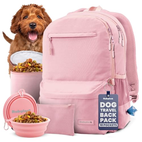 Dog Travel Bag for Supplies - Complete Dog Diaper Bag Backpack with 2 BPA-Free Travel Bowls, Treat Pouch, Food Container, Placemat & Laptop Sleeve – for Traveling, Road Trips, Hiking: Dusty Pink - color: Dusty Pink