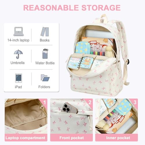 LEDAOU Kids Backpack for Girls Backpacks with Lunch Box, Lightweight Bookbag Set Elementary Middle School Back pack for 8-14 - color: Beige Bowknot