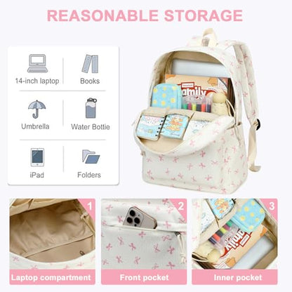 LEDAOU Kids Backpack for Girls Backpacks with Lunch Box, Lightweight Bookbag Set Elementary Middle School Back pack for 8-14 - color: Beige Bowknot