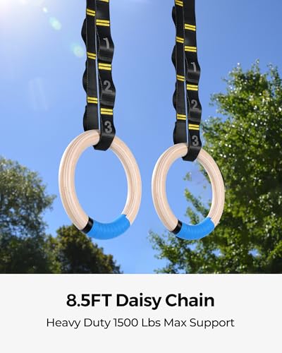 PACEARTH Gymnastics Rings 32mm Wooden Olympic Rings Support 1500lbs Locked Carabiners 9ft Double-Layer Numbered Straps Non-Slip Gym Rings with Foot Straps Door Anchor for Home Gym Full Body Workout - style: 1.25" Carabiners Rings & Daisy Chains Straps & D