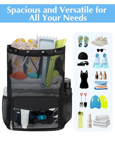 Drawstring Backpack Sandproof Beach Backpack with Shoe Compartment & Wet Pocket Waterproof Mesh Swim Bag Pool Bag for Gym, Travel and Workout Gear (Black) - color: Black