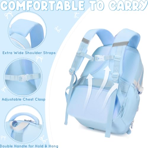 Kids Backpack for Girls, 3PCS School Backpack Set with Insulated Lunch Box & Pencil Case, Waterproof Lightweight Bookbag for Elementary & Middle School, Cute Bow Travel Daypack Blue-Beige - color: Blue-beige