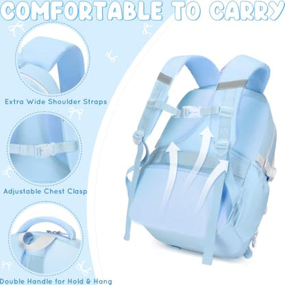 Kids Backpack for Girls, 3PCS School Backpack Set with Insulated Lunch Box & Pencil Case, Waterproof Lightweight Bookbag for Elementary & Middle School, Cute Bow Travel Daypack Blue-Beige - color: Blue-beige