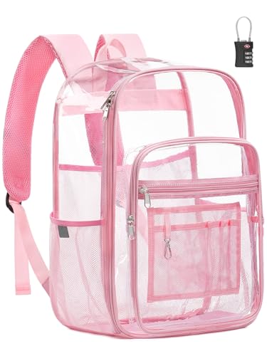 Extra Large Clear Backpack with TSA Lock, Heavy Duty Transparent See Through Clear Bookbag for College, Work, Travel, Casual Sport, Pink - color: Pink