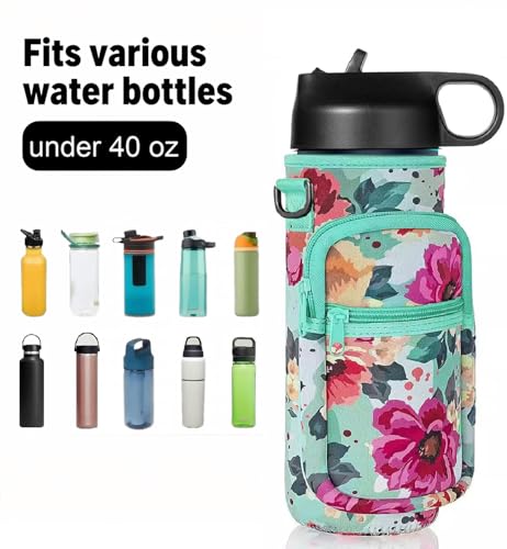 Water Bottle Holder with Strap, Insulated Crossbody Sling Bag, Carrier with Phone Pocket for Walking Hiking Camping Fishing - color: Flower Green, size: 40oz