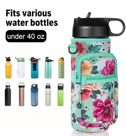 Water Bottle Holder with Strap, Insulated Crossbody Sling Bag, Carrier with Phone Pocket for Walking Hiking Camping Fishing - color: Flower Green, size: 40oz