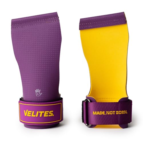 Velites - Official Crossfit® Games Quad Ultra Grips - No Chalk and Smooth Bars - Wristbands and Carry Bag Included - Pull-ups, Muscle-ups and Toes to bar - color: Purple, size: X-Large