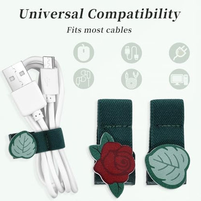 2 PCS Cord Organizer,Cord Keeper,Cable Organizer USB Holder,Cable Straps,Earbud case,wrap Headphone,Headset Winder,Earphone Clips Ties,stocking stuffers Gifts for Women Leather Rose - style: Rose