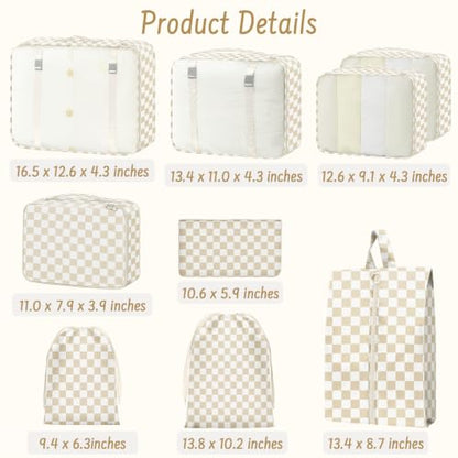9 Set Packing Cubes for Travel Essentials - Lightweight Carry-On Luggage Organizer Bags with Shoe, Clothes & Laundry Bags for Airplane, Family & Business Travel, Beige checkered - color: Beige checkered