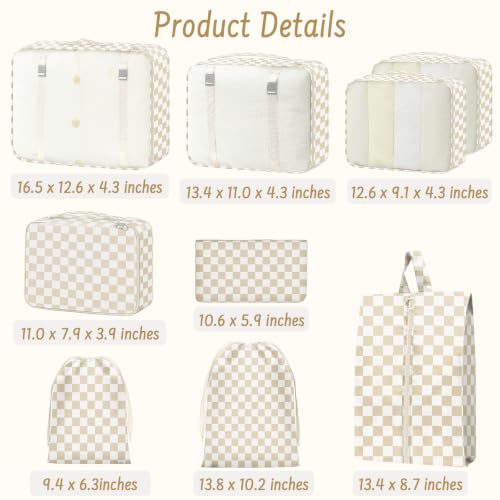 9 Set Packing Cubes for Travel Essentials - Lightweight Carry-On Luggage Organizer Bags with Shoe, Clothes & Laundry Bags for Airplane, Family & Business Travel, Beige checkered - color: Beige checkered