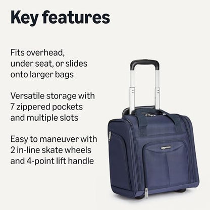 Amazon Basics Underseat Carry-On Luggage with Wheels and Handle, 14" Rolling Travel Bag, Fits Overhead Bins, Organized Compartments, Navy - color: Navy