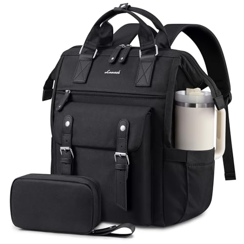 LOVEVOOK Laptop Backpack for Women with Giant Tumbler Holder Pocket,15.6 inch Waterproof Travel Backpack Purse Computer Laptop Bag - color: Black-black, size: 15.6 Inch Cup