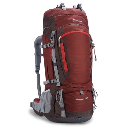 MOUNTAINTOP 80L Internal Frame Backpack for Man & Women Backpacking Hiking Backpack with Rain Cover - color: Maroon-80l