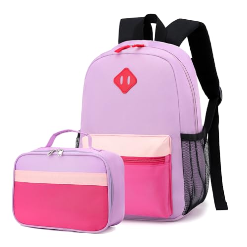 Backpack Set for Girls Boy Kids Backpack with Lunch Box for Elementary Primary Kindergarten School Bag (Taropurple Pink, Large) - color: Taropurple Pink