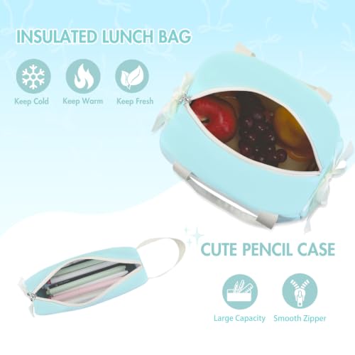 Kids Backpack for Girls - 3PCS Cute Embroidered Bow Girls Backpack with Insulated Lunch Bag & Pencil Case - Bookbag for Teen Women Middle High School College Work Travel Daypack - color: Mint