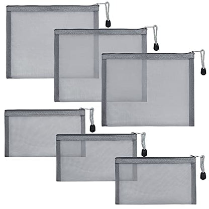 6 Pack Mesh Cosmetic Bags, Nylon Makeup Pouches with Zipper for Home Office Purse Diaper Bag (Grey) - color: Grey(2size)