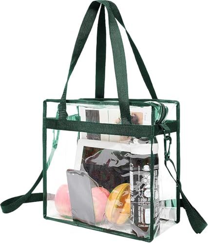 BAGAIL Clear Bags 12x6x12 Stadium Approved Clear Tote Bag with Zipper Closure Crossbody Shoulder Bag with Adjustable Strap - color: Green