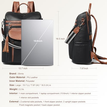 Shrrie Laptop Backpack for Women 15.6 inch,Travel Leather Backpack Purse Nurse Teacher Carry on Backpack Computer Bag,Professional Water-Resistant College Business Work Casual Daypack,Black with Brown - color: Black With Brown