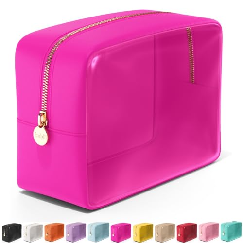 Embla Clear Cosmetic Bag Makeup Case, Clear Zipper Make Up Pouch and Toiletry Travel Tote, Cute Skincare Pouches for Women Girls, Preppy Purse Cosmetic Organizer, Large Makeup Bags, Fuchsia - color: Fuchsia, size: Large
