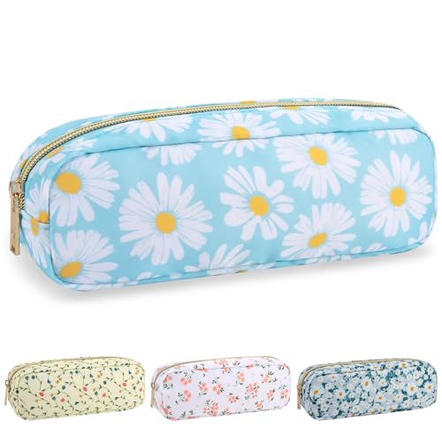 Nylon Small Floral Makeup Bag, Slim Preppy Cute Makeup Brush Case, Waterproof Travel Toiletry Bag, Coin Pouch Make Up Organizer for Women (Blue-Daisy) - color: Blue-Daisy, size: Slim