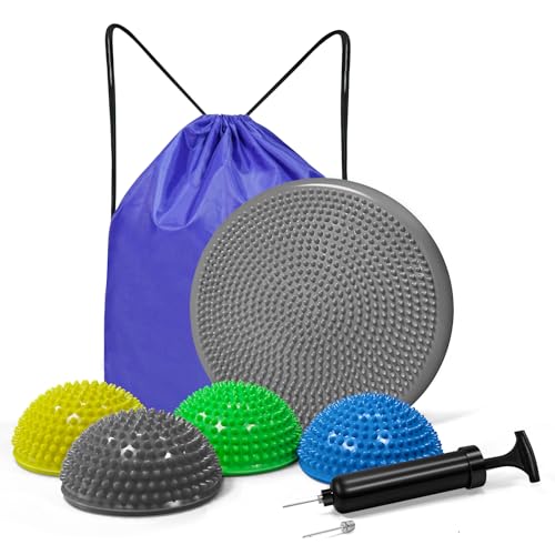 Wobble Cushion Set for Sensory Kids and Balance Training - Disc Plus 4 Pods, Board With Pump, Inflatable Stepping Pads for Adults - color: Grey