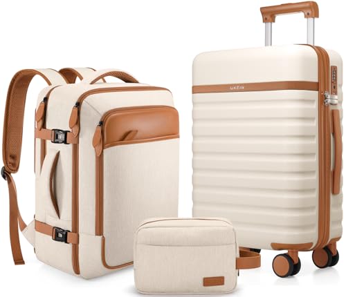 UKEIN Luggage Sets 3 Piece, Carry On Luggage 20In With Spinner Wheels,PC Hardside Suitcase Set with TSA Lock,Durable Carry On Suitcase With Travel Backpack for Men (Beige, 3 piece set (20inch)) - color: Beige, size: 3 piece set (20inch)