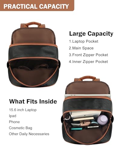 MASINTOR 15.6 inch Leather Laptop Backpack Purse for Women, Designer Travel and Work Bag with Laptop Compartment Black Brown - color: Black Brown