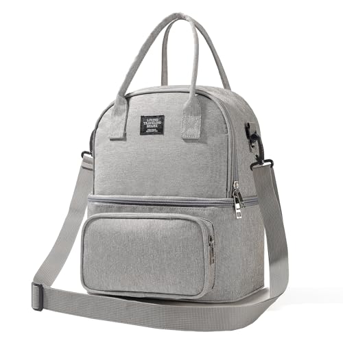 Double Deck Lunch Bag Insulated Leakproof with Backpack Straps, Lunch Bag Women Men Soft Waterproof for Work Travel Beach Picnic, Grey - color: Grey-4, size: Double Deck