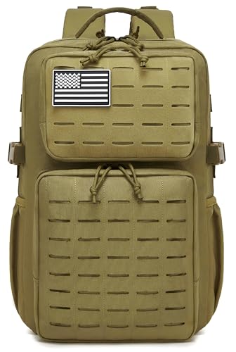 Wotony Military Tactical Backpack for Men Waterproof Daypack 3 Day Assault Pack Laser-Cut MOLLE Webbing Design with Water Bottle Holder Black Small Tactical Assault Bag (Khaki, 25L) - color: Khaki, size: 25L