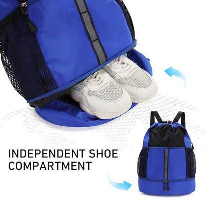 Valleycomfy Drawstring Gym Bag Sports Backpack With Shoe Compartment and Reflective Strips Royal Blue - color: Royal Blue