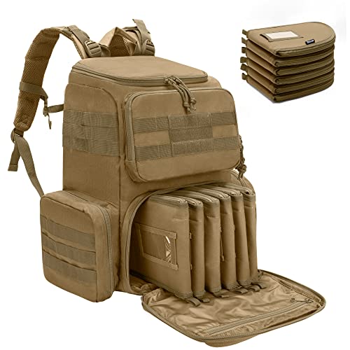 DSLEAF Tactical Range Pistol Backpack with 6 Pistol Cases, Gun Backpack with 9X Magazine Slots for Shooting and Hunting - color: Khaki