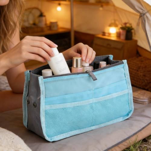 1 Piece Purse Organizer Insert, Foldable Bag in Bag Organizer, Multi-Pocket Tote Organizer, with Handheld Design, for Digital Accessories, Cosmetics (Sky Blue) - color: Blue