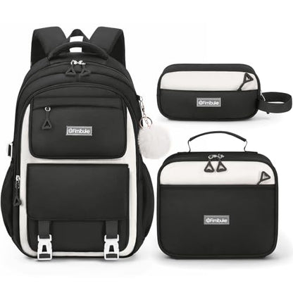 Fimibuke Backpacks for Girls, 3 PCS Waterproof School Backpack with Lunch Box & Pencil Pouch for Kids Teen Girl, Cute Bookbag School Bag for Elementary Middle High School Student Ages 6+(Black) - color: Black