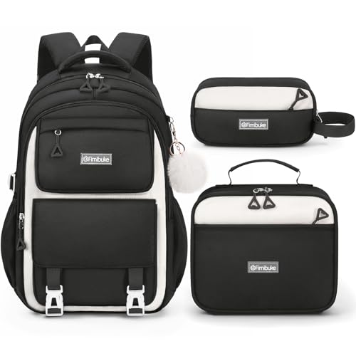 Fimibuke Backpacks for Girls, 3 PCS Waterproof School Backpack with Lunch Box & Pencil Pouch for Kids Teen Girl, Cute Bookbag School Bag for Elementary Middle High School Student Ages 6+(Black) - color: Black