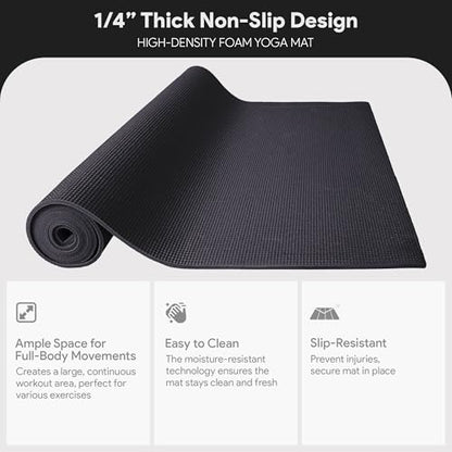 Fitvids All Purpose 1/4-Inch High Density Anti-Tear Exercise Yoga Mat with Carrying Strap, Multiple Colors - color: Black