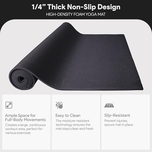 Fitvids All Purpose 1/4-Inch High Density Anti-Tear Exercise Yoga Mat with Carrying Strap, Multiple Colors - color: Black