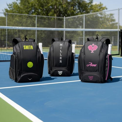 Personalized Pickleball Backpack - Large Pickle Ball Bag with Shoe Compartment, Fence Hook, Paddle Holder - Gifts for Men & Women - color: All Black