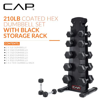 CAP Rubber Coated Hex Dumbbell Set with Storage Rack | 100–210 lb Options, Space-Saving Vertical Compact Storage for Home Gym Strength Training - size: 210 lb - Set - Black Rack, style: Chrome Handles