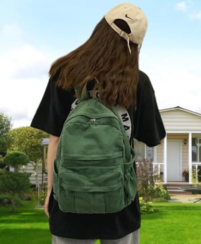 Green Canvas Backpack for Women Retro Aesthetic Rucksack Basic Backpack for High School/College Students Travel Laptop Bag - color: Forest Green