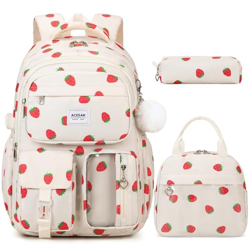 ACESAK Backpack for Girls - Girls Backpack with Lunch Bag & Pencil Pouch for Teen Kids Laptop Backpack for Women, Elementary Middle High School Bookbag Travel Daypack (Beige Strawberry) - color: Beige Strawberry